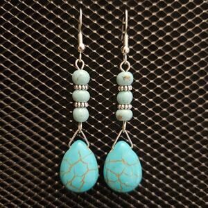 Antique silver Wagnerite and dyed howlite dangle earrings